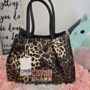 Cavalli Class Black and Brown Leopard Tote
